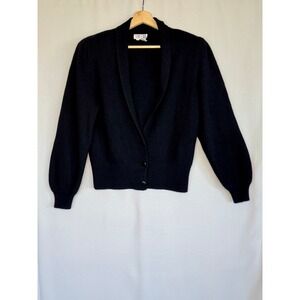 80s Vintage ADELE JOYCE Wool Angora Black Rib Knit Puff Sleeve Cardigan Medium